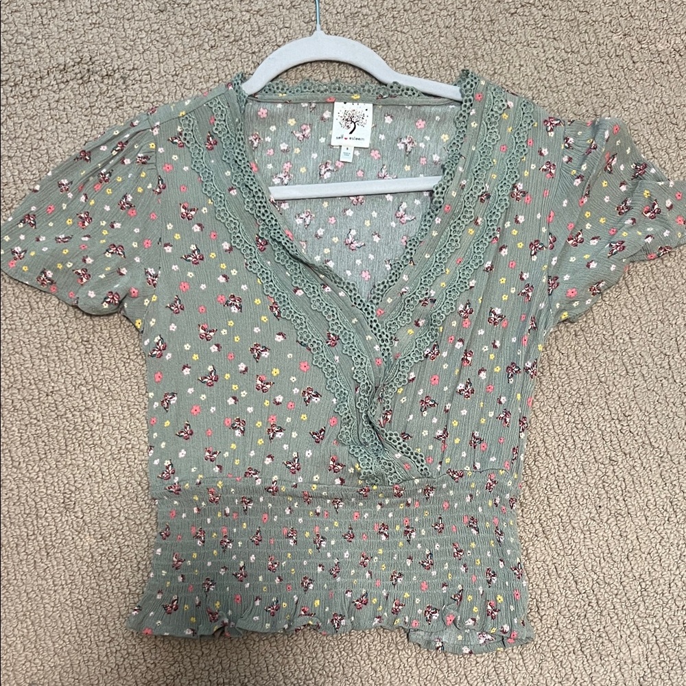 Floral Green Lace Trim Top